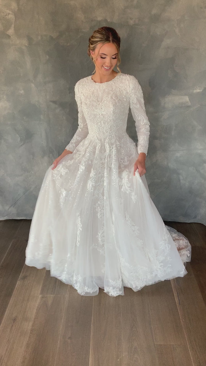 33863 Modest High Neck Long Sleeve Lace A-line