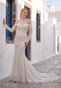 34762-Off-the-Shoulder Fit and Flare Wedding Gown