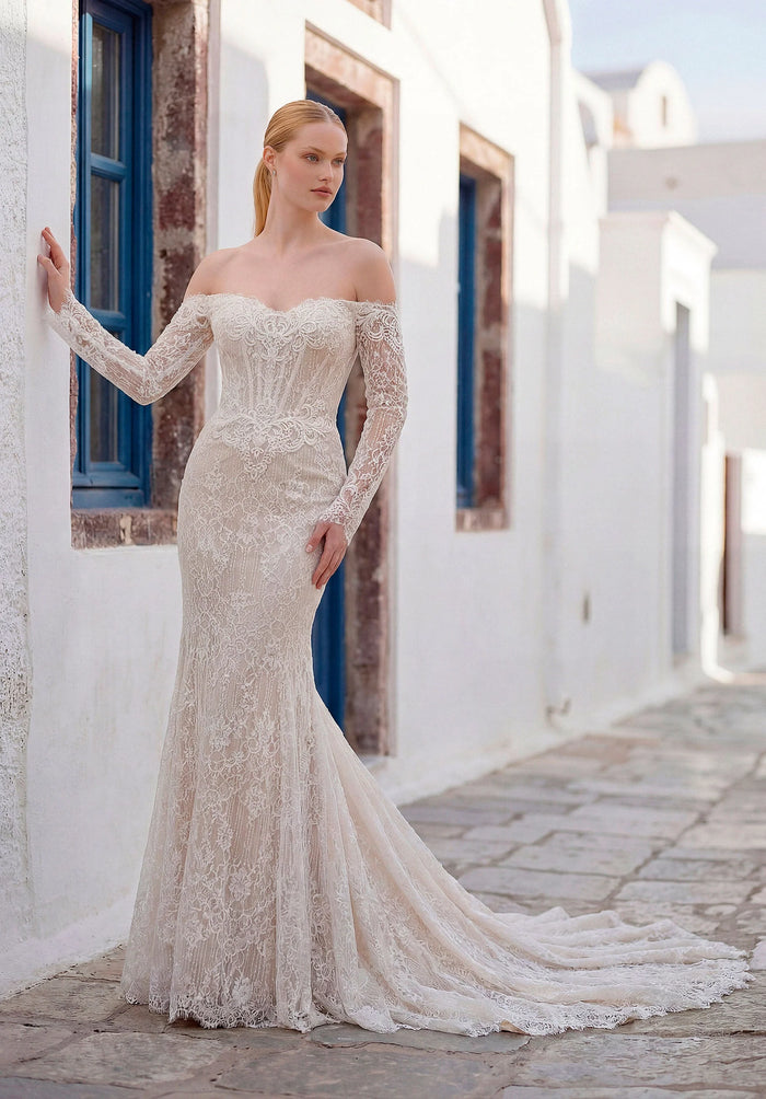 34762-Off-the-Shoulder Fit and Flare Wedding Gown