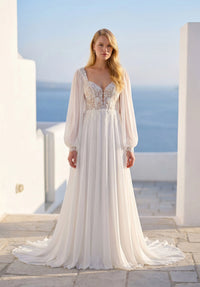 34763-A-line Wedding Dress has a Sheer, Boned Bodice with a Plunging Sweetheart Neckline
