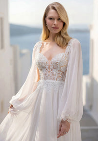 34763-A-line Wedding Dress has a Sheer, Boned Bodice with a Plunging Sweetheart Neckline