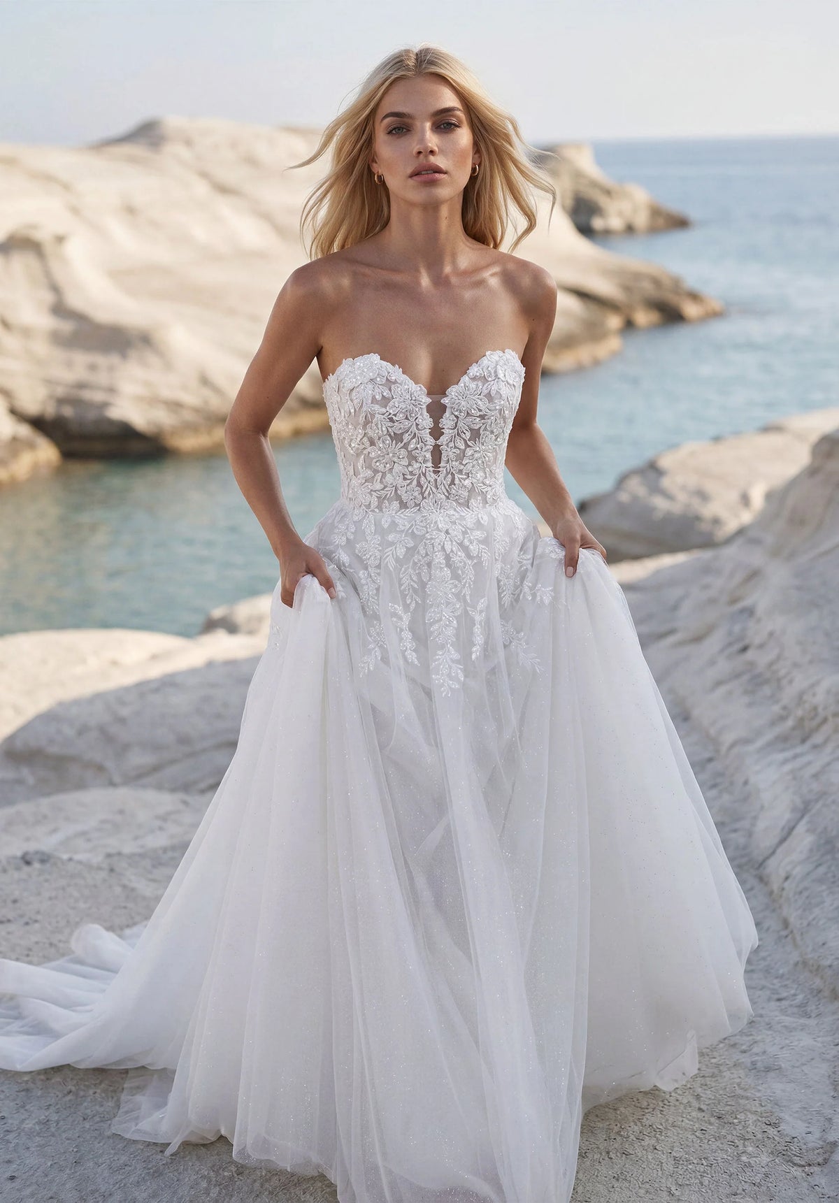 35903-A-line Wedding Dress has a Plunging Sweetheart Neckline with a Detachable Illusion