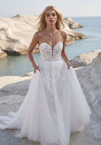 35903-A-line Wedding Dress has a Plunging Sweetheart Neckline with a Detachable Illusion