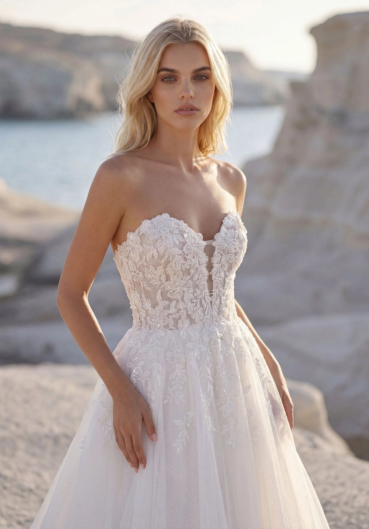 35903-A-line Wedding Dress has a Plunging Sweetheart Neckline with a Detachable Illusion