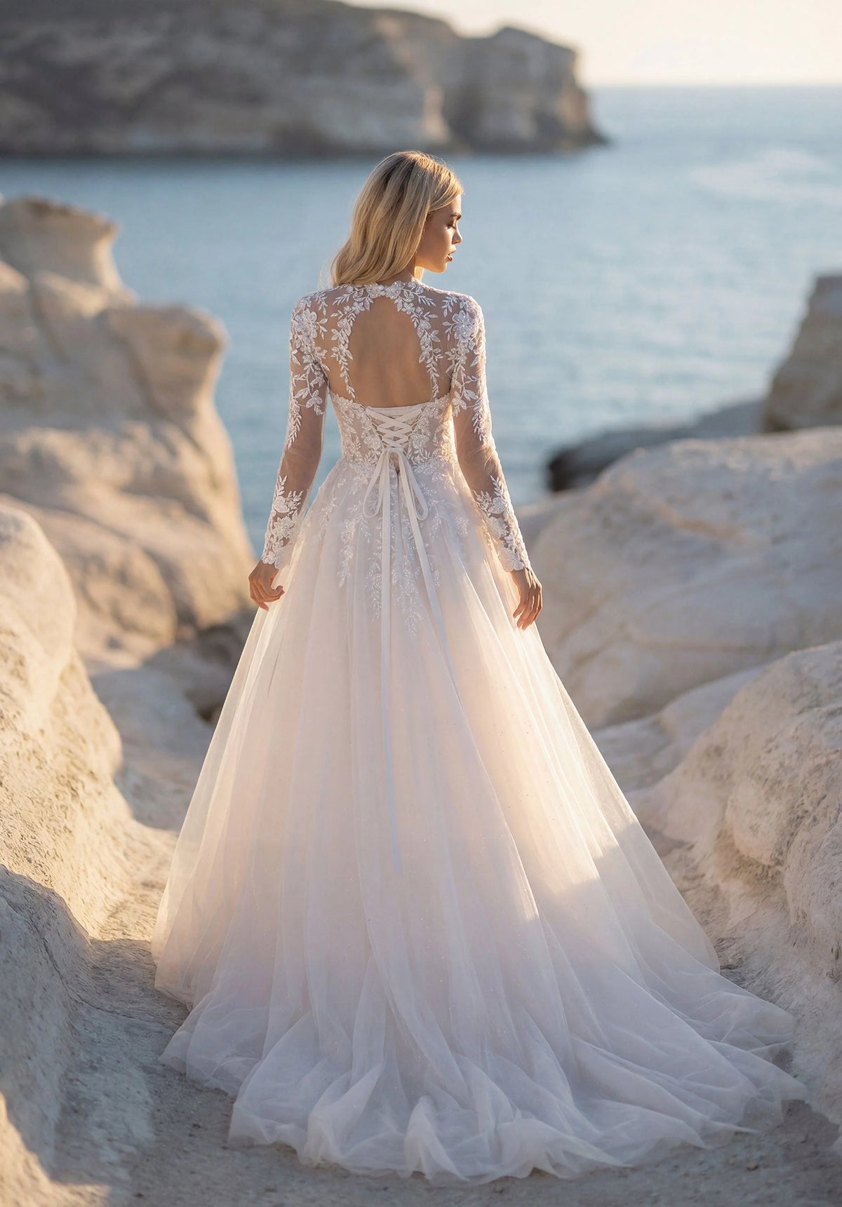 35903-A-line Wedding Dress has a Plunging Sweetheart Neckline with a Detachable Illusion