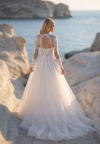 35903-A-line Wedding Dress has a Plunging Sweetheart Neckline with a Detachable Illusion