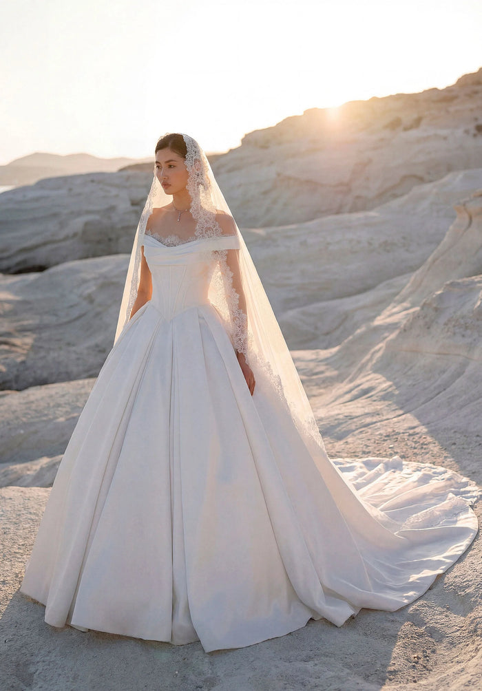 34750-Off-the-Shoulder Ball Gown Wedding Dress