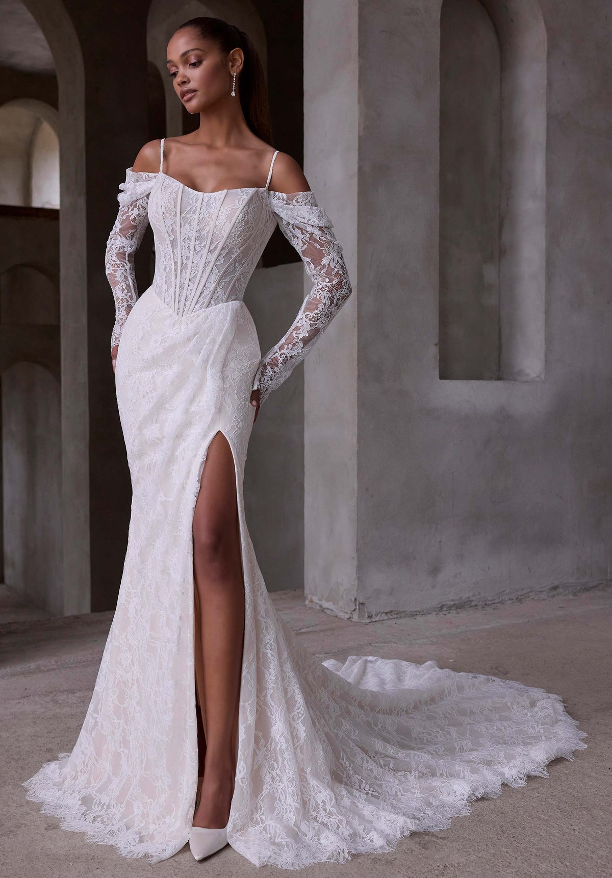 33450 - Fit and Flare Glitter Tulle Wedding Dress with Lace Long Sleeves