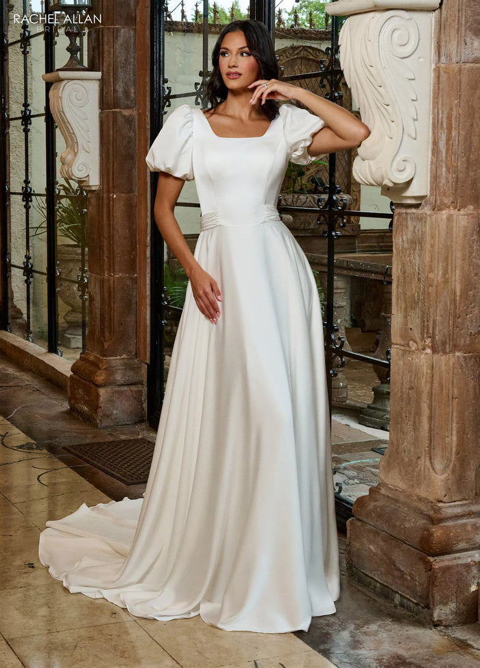 34530 - Modest A-Line Gown with Puff Sleeves