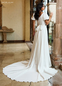 34530 - Modest A-Line Gown with Puff Sleeves