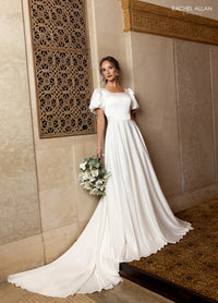 34530 - Modest A-Line Gown with Puff Sleeves