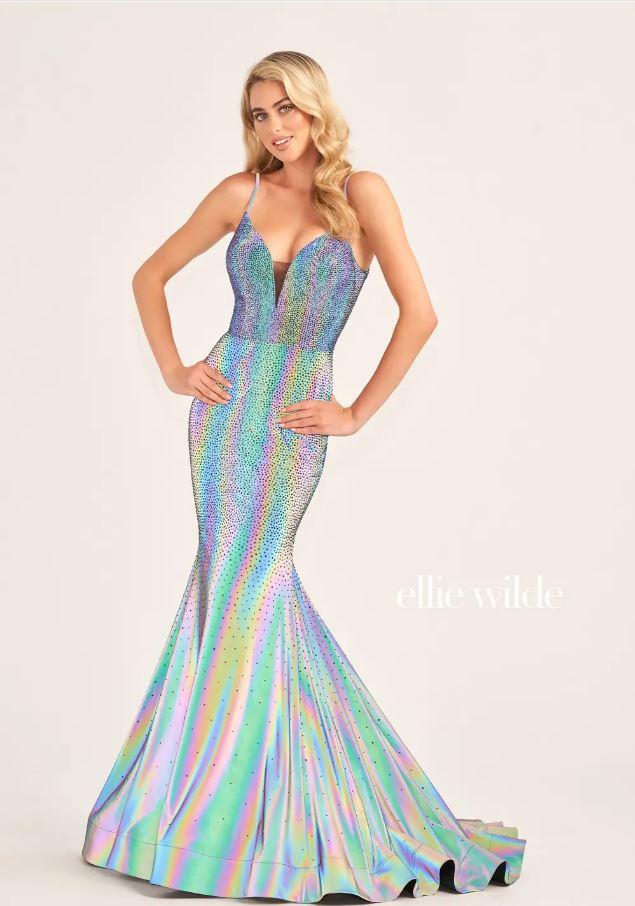Ellie Wilde EW35701 Glittering Fit and Flare Gown with Plunging Neckline