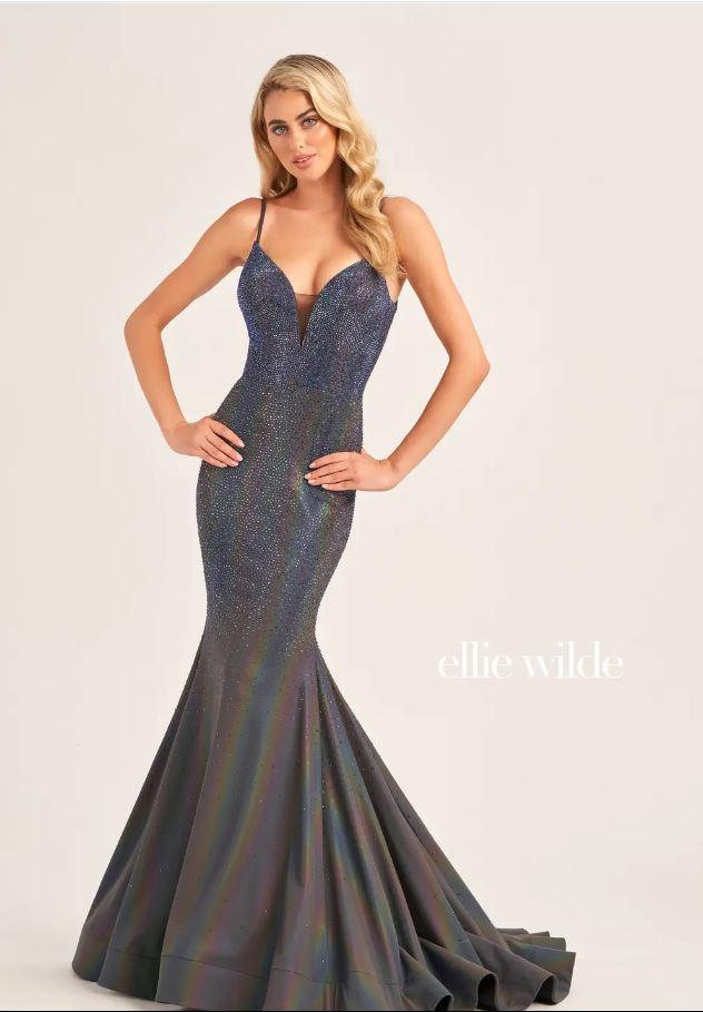 Ellie Wilde EW35701 Glittering Fit and Flare Gown with Plunging Neckline