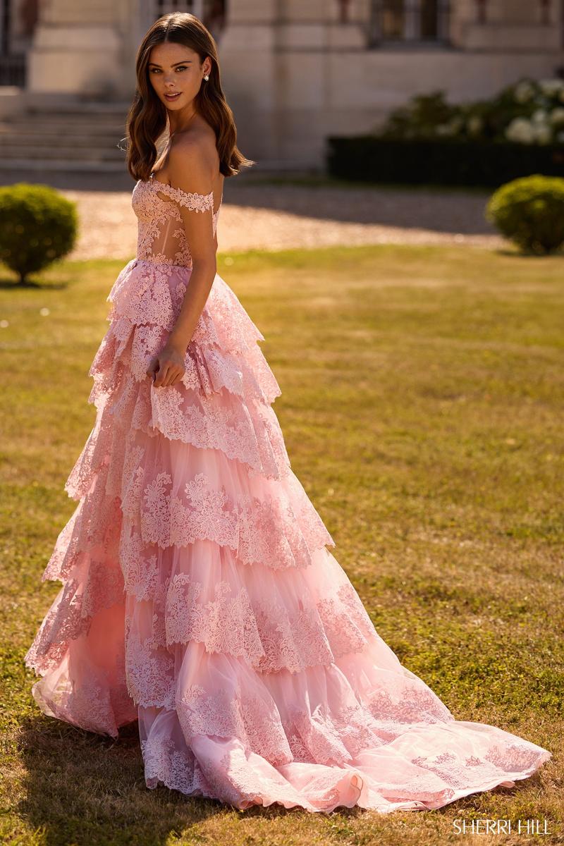 Sherri Hill Dress 57699 - Off-Shoulder Lace High-Low Gown