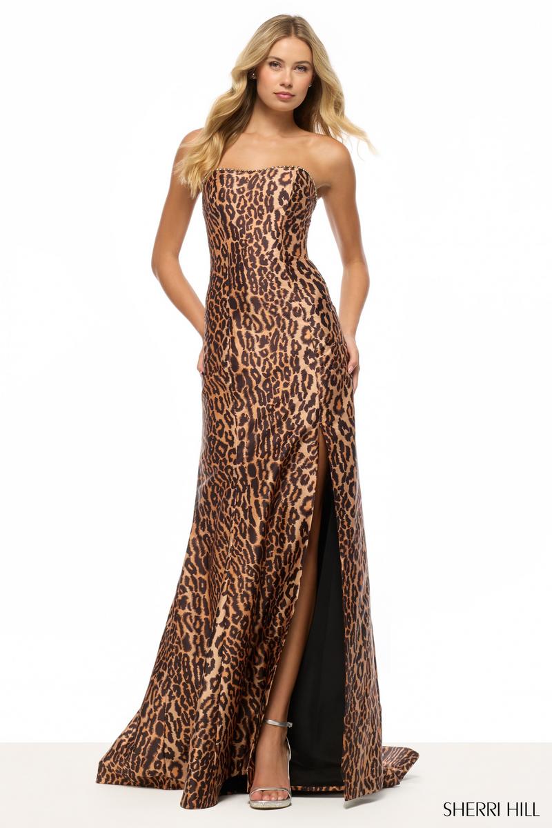 Sherri Hill Dress 57774 - Strapless Animal Print Fit and Flare Gown
