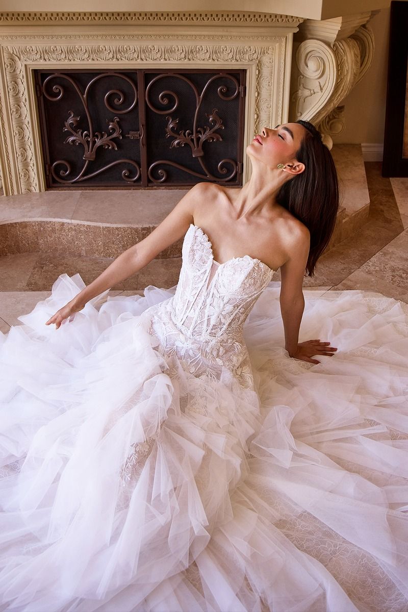 33517 - Strapless Drop Waist Cascading Wedding Dress