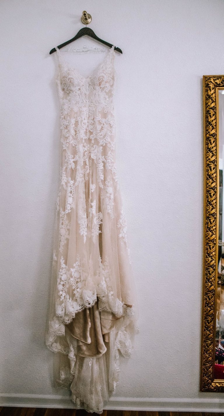 A hanging wedding gown.